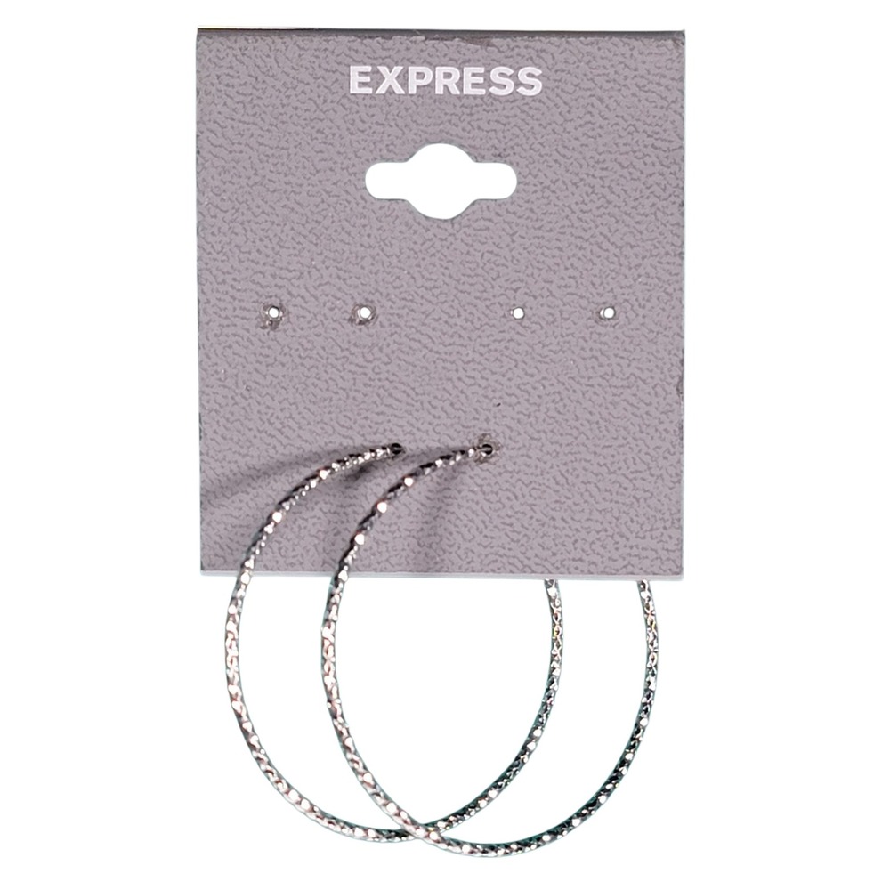 Express Silver Tone Textured Hoop Earrings 1.5" Diamond Cut Endless Sleeper